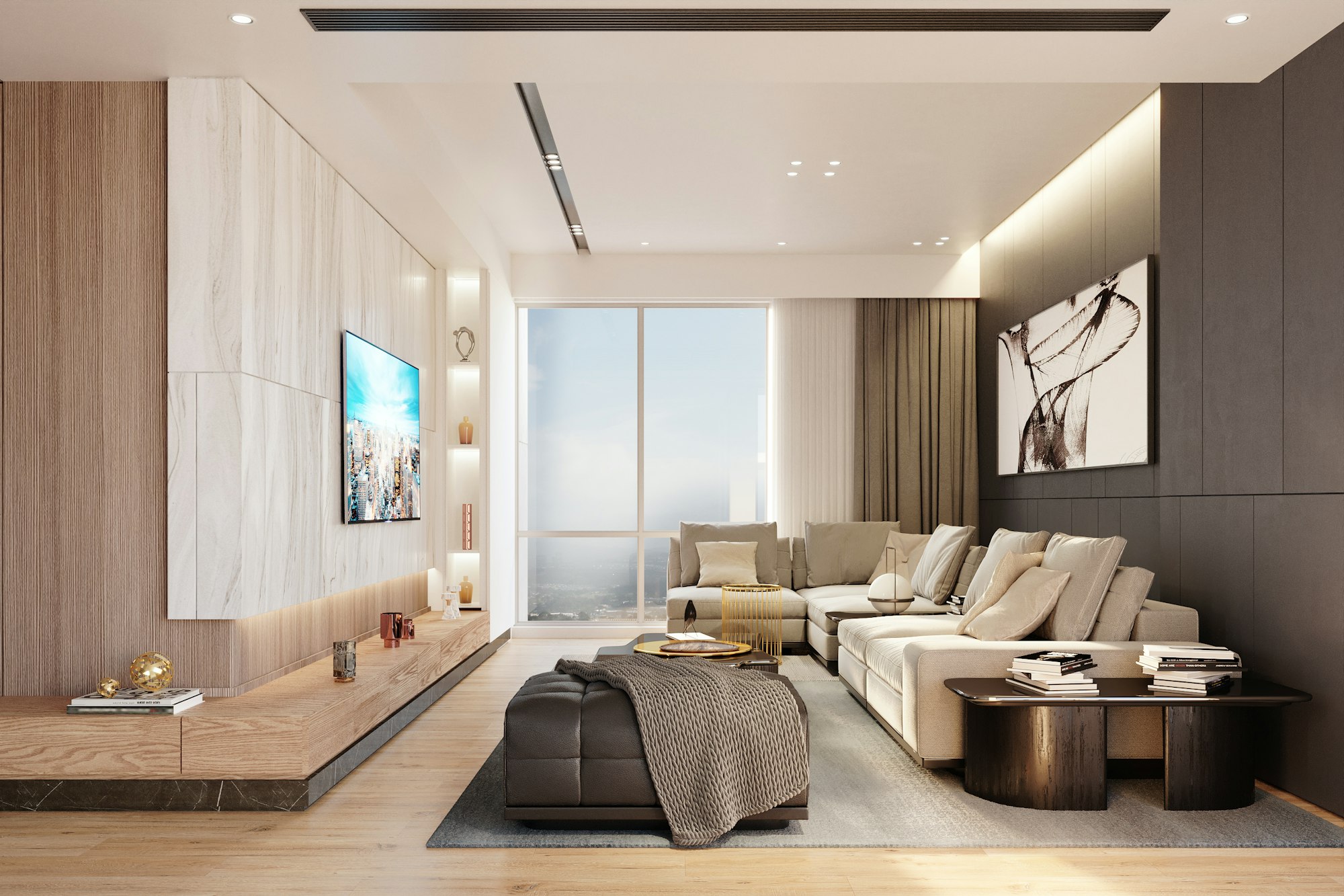 Smart lighting setting the mood across a modern living space